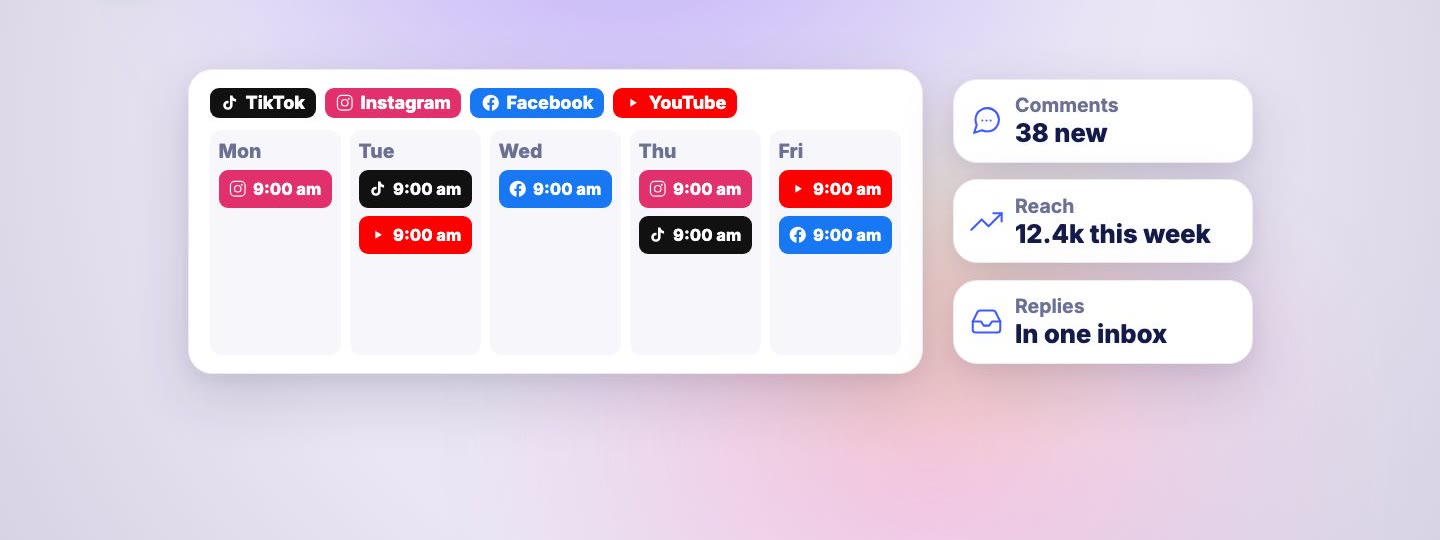 A weekly social planner with posts for TikTok, Instagram, Facebook and YouTube, next to comments, reach and replies